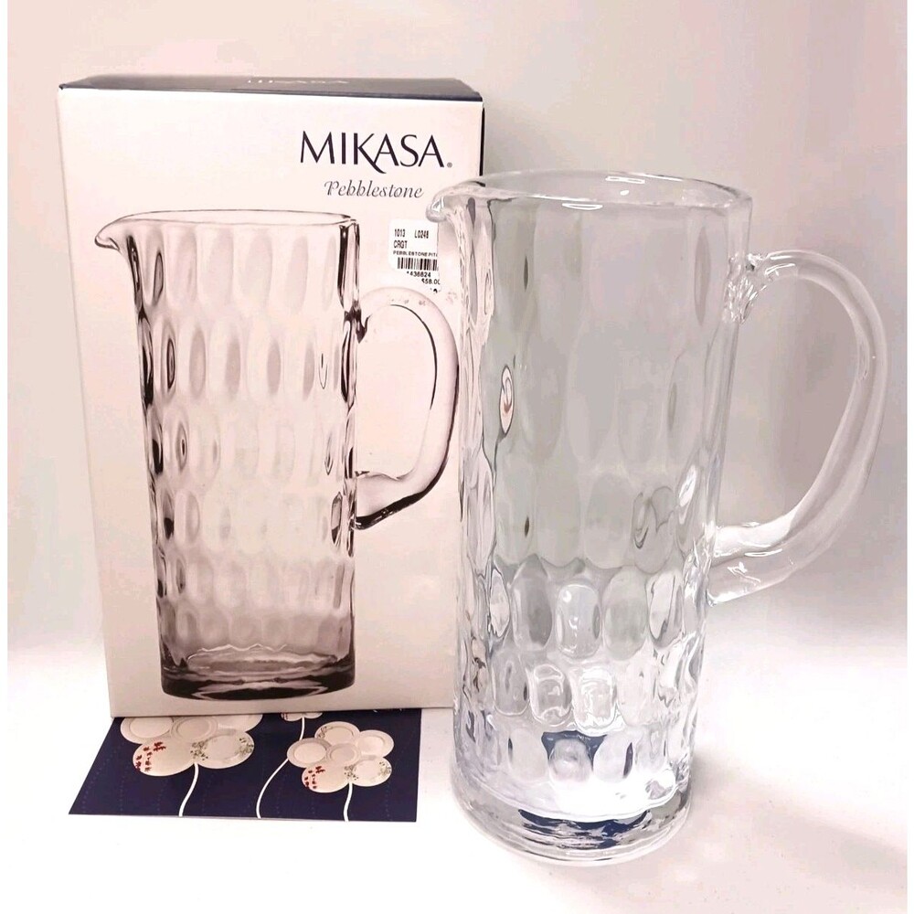 Mikasa Pebblestone Clear Crystal Glass Oval Coin Dot Texture Tall Pitcher 68Oz